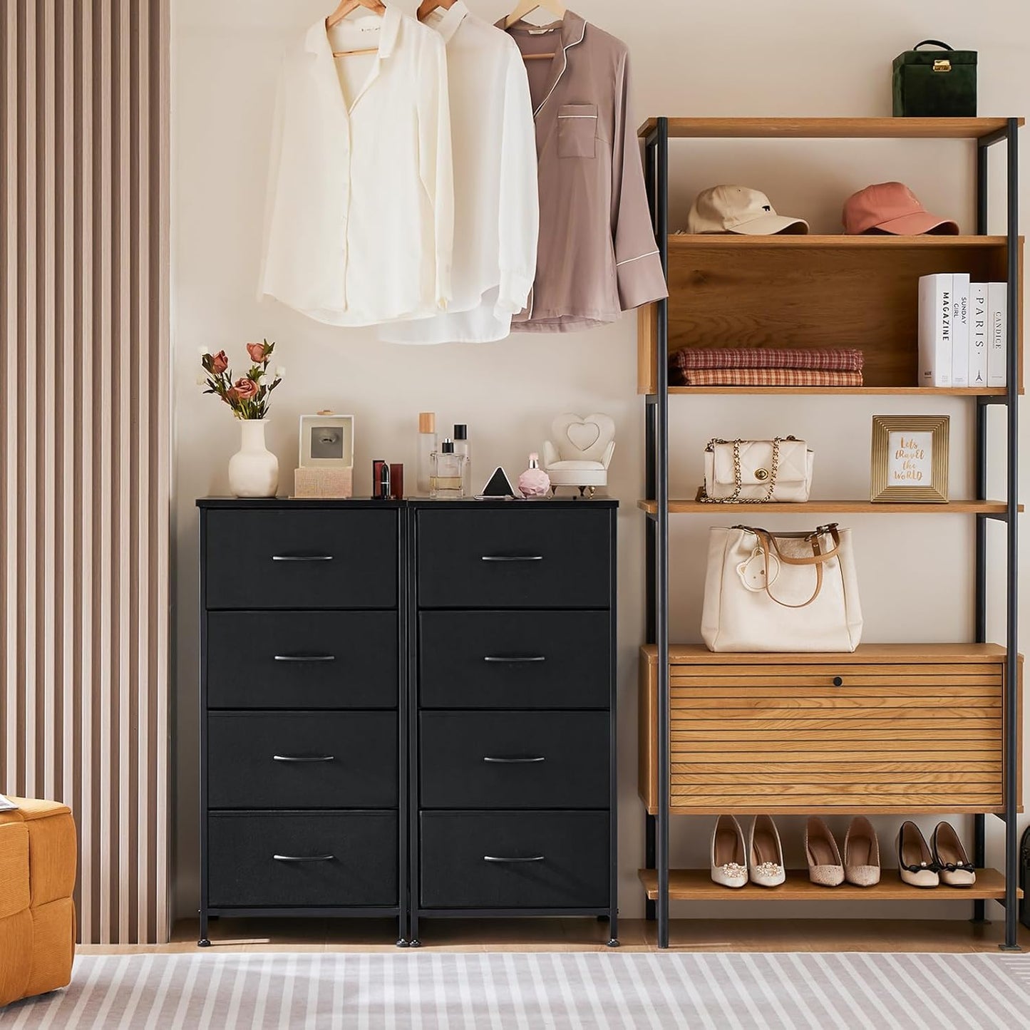 Nightstand Small Bedroom Dresser with 4 Fabric Drawers, Bed Side Furniture End Table, Wooden Top Cabinet Night Stand Dresser for Closet, Entryway, Dorm, Black
