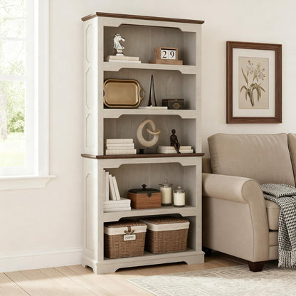 70 Inches Farmhouse Bookcase Bookshelf, Two-Tone Shelves, 5 Tier Bookshelf with Arched Trim, Home Office Living Room Storage Cabinet Unit, 31.5X11.8 Inches (Distressed White & Walnut, Open Shelf)