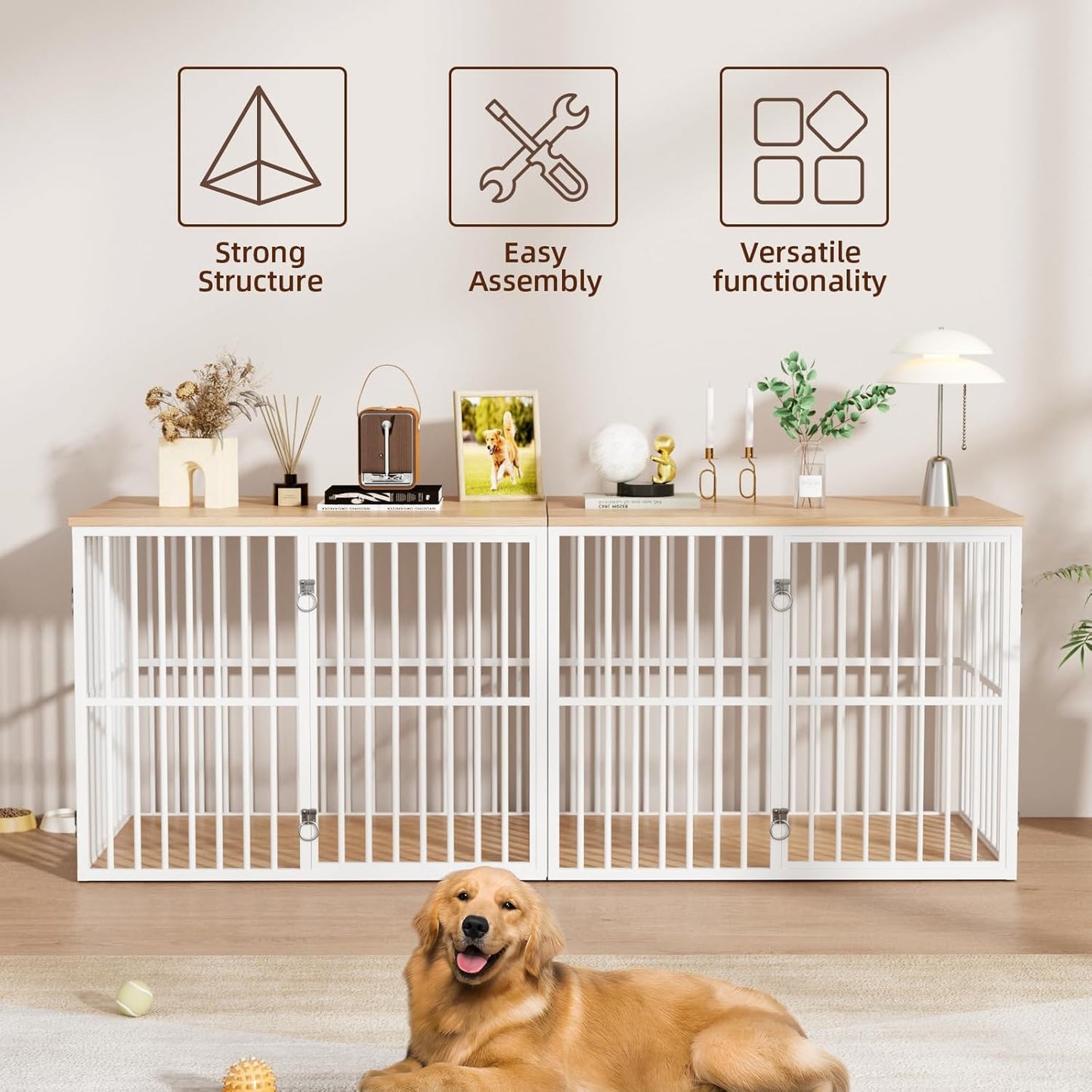 86.7" Double Dog Crate Furniture for 2 Large Dogs, Heavy Duty Wooden Dog Kennel with Removable Divider, XXL Dog Cage TV Stand End Table with 4 Doors, Double Locks for Each Door, White/Natural