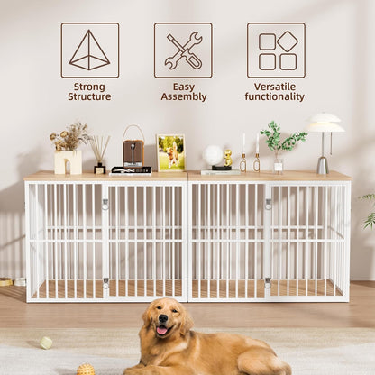 86.7" Double Dog Crate Furniture for 2 Large Dogs, Heavy Duty Wooden Dog Kennel with Removable Divider, XXL Dog Cage TV Stand End Table with 4 Doors, Double Locks for Each Door, White/Natural