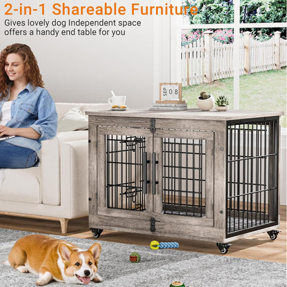Dog Crate Furniture, Dog Kennel Indoor Double Doors Wooden Dog Cage, 38'' Heavy Duty Dog Crate with Cushion & Wheels, Decorative End Table Pet House Chew-Resistant for Large/Medium, Brown