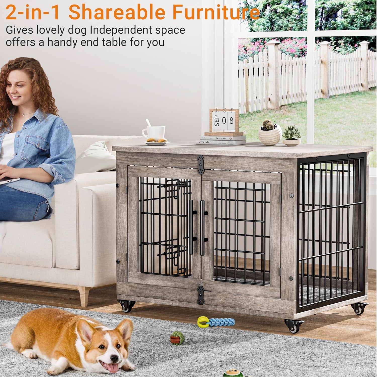 Dog Crate Furniture Set of 2, Dog Kennel Indoor Double Doors Wooden Dog Cage, 38'' Heavy Duty Dog Crate with Cushion & Wheels, End Table Pet House Chew-Resistant up to 70 Lb, Grey