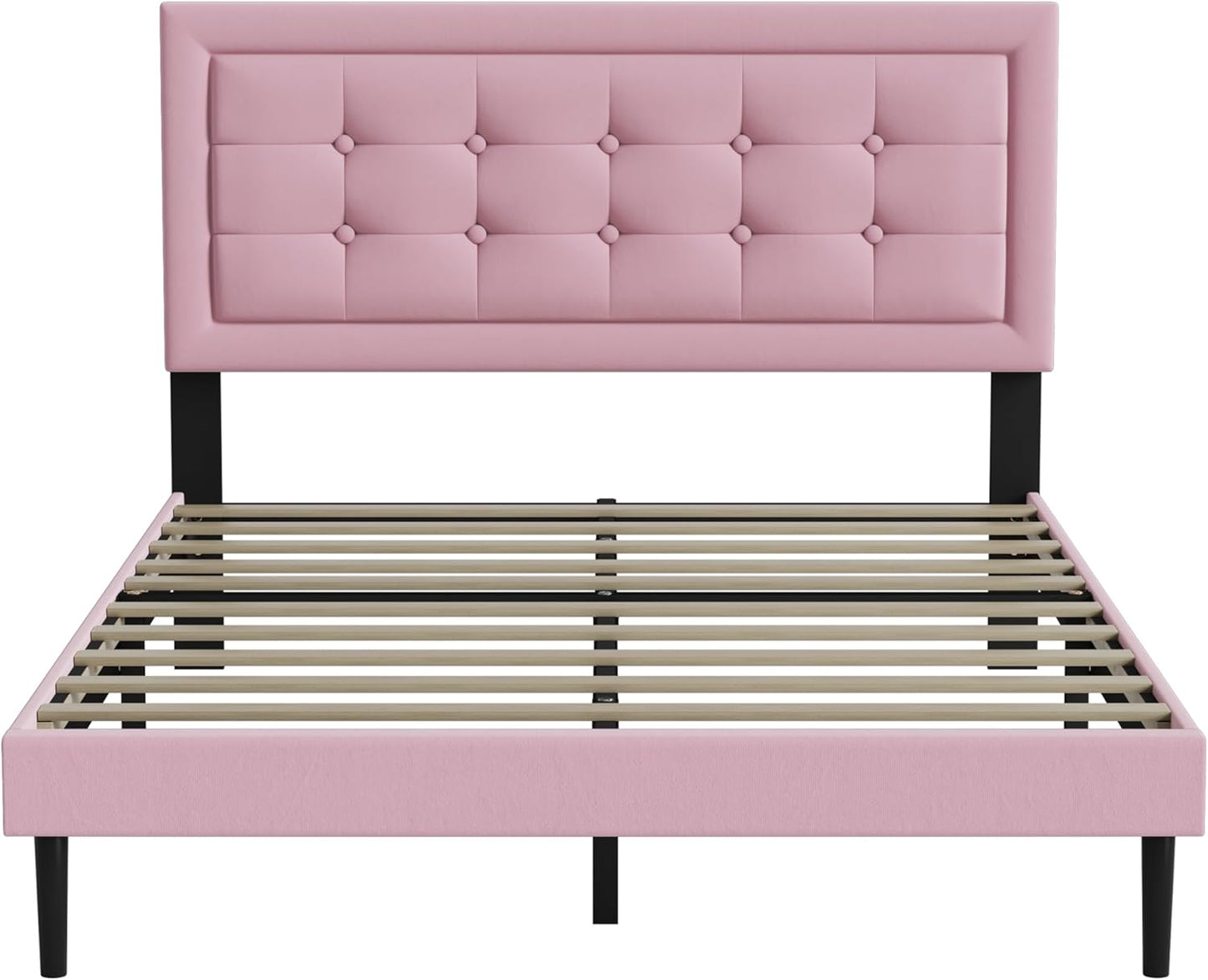 Full Size Upholstered Platform Bed, Full Size Frame with Tufted Button Headboard, Sturdy Frame Wooden Slats, No Innerspring Mattress Required, Noiseless, Easy to Assemble, Pink