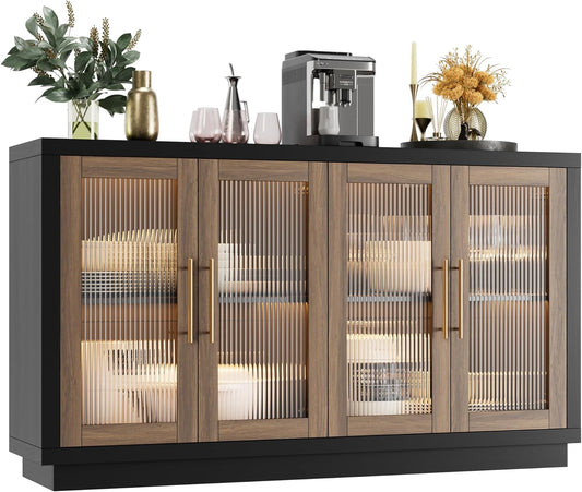 Buffet Cabinet with Storage, 55.1" Large Sideboard Buffet Table, Modern Sideboard Kitchen Cabinet with 4 Fluted Glass Doors, Wood Coffee Ba for Kitchen Dining Room, Black/Brown