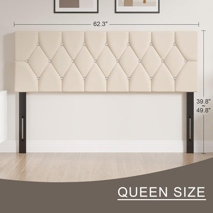 Tufted Upholstered Headboard Queen Size, with 6 Adjustable Height from 39.8" to 49.8", Button Diamond Design, Easy Assembly, Beige