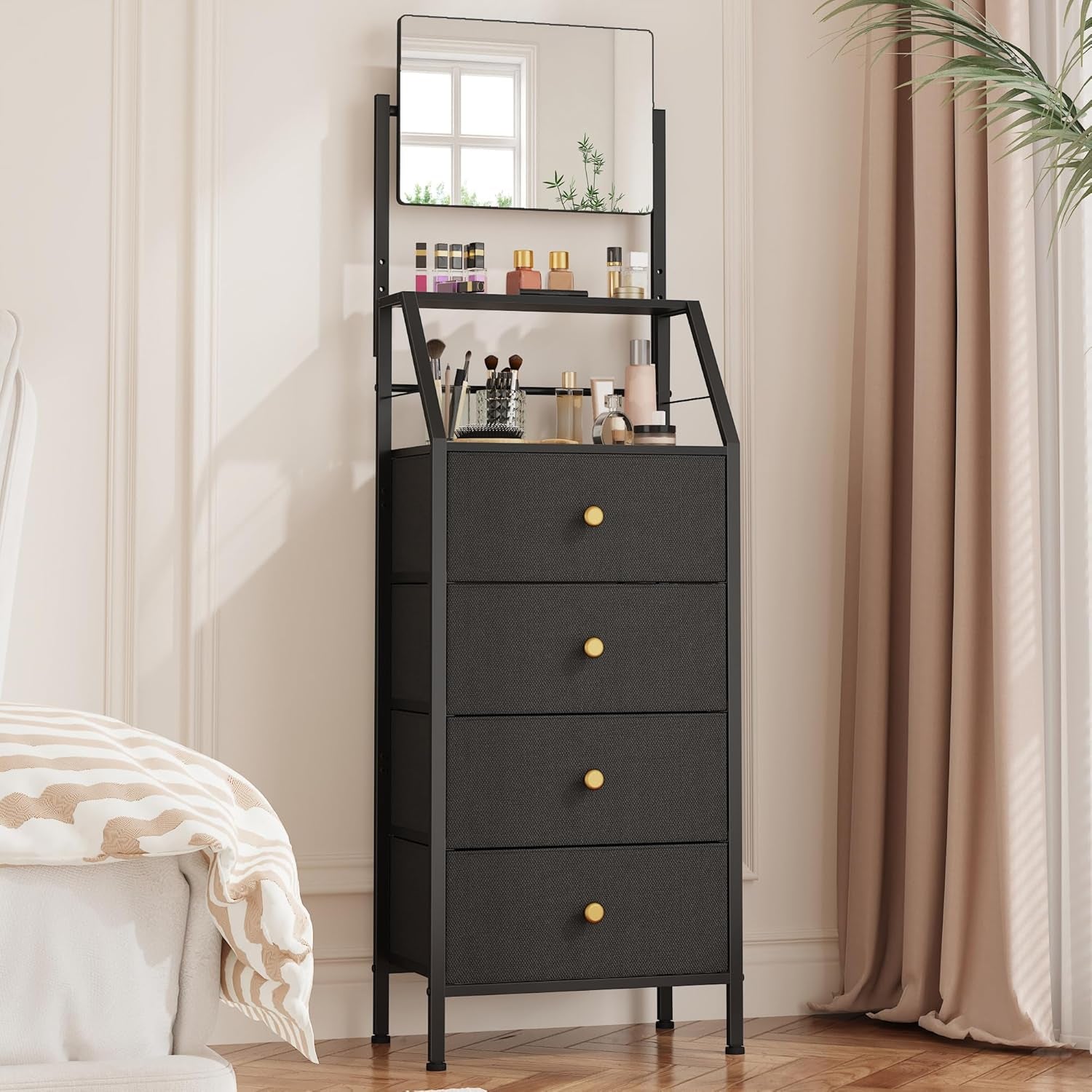 Dresser with Mirror, 4 Drawers Dresser with 2-Tier Shelves, Freestanding Fabric Chest of Drawers for Small Space, Tall Narrow Nightstand Vanity for Bedroom, Hallway, Dorm, Black, 15.3" W