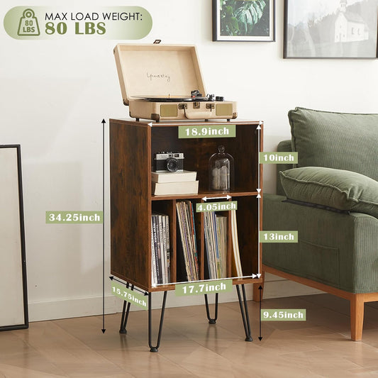 Record Player Stand with Vinyl Storage, Vinyl Record Storage Cabinet Holds up to 150 Albums, End Table for Record Player, Turntable Stand for Living Room, Brown