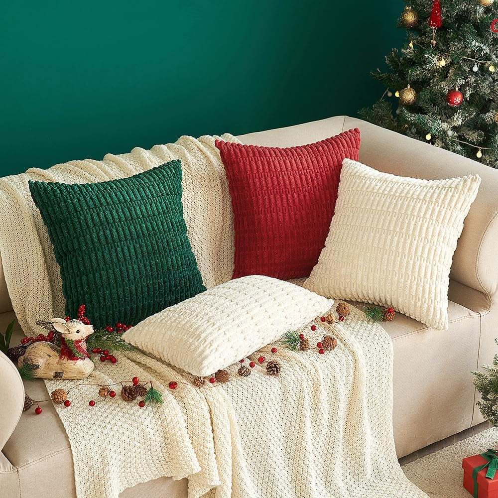 Pack of 2 Corduroy Decorative Throw Pillow Covers 18X18 Inch Soft Boho Striped Pillow Covers Modern Farmhouse Home Decor for Sofa Living Room Couch Bed Cream White
