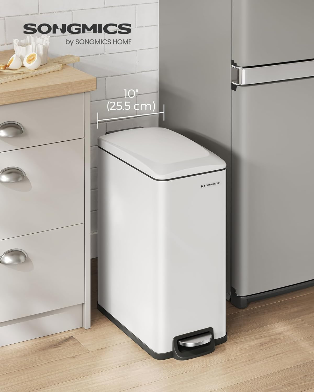 Slim Trash Can, 13-Gallon (50 L) Garbage Can for Narrow Spaces with Soft-Close Lid, Inner Bucket, and Step-On Pedal, Stainless Steel, 15 Trash Bags Included, White ULTB510W48