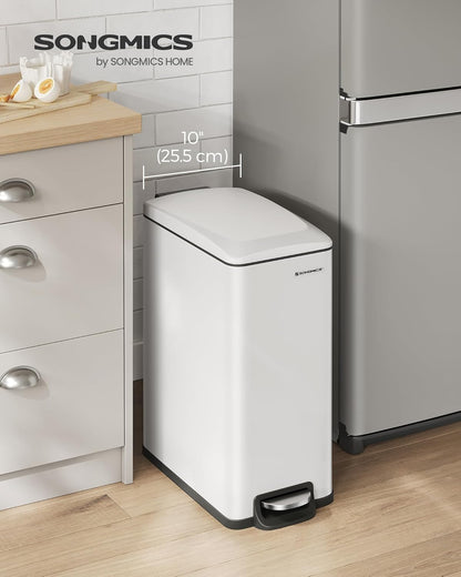 Slim Trash Can, 13-Gallon (50 L) Garbage Can for Narrow Spaces with Soft-Close Lid, Inner Bucket, and Step-On Pedal, Stainless Steel, 15 Trash Bags Included, White ULTB510W48