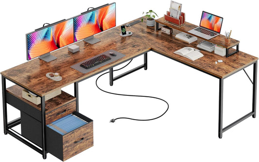 63 Inch L Shaped Desk with Power Outlets and USB-C Port, Computer Corner Home Office Desk with File Fabric Drawers and Movable Monitor Stand, Larger Storage, Gaming, Writing, Rustic Brown