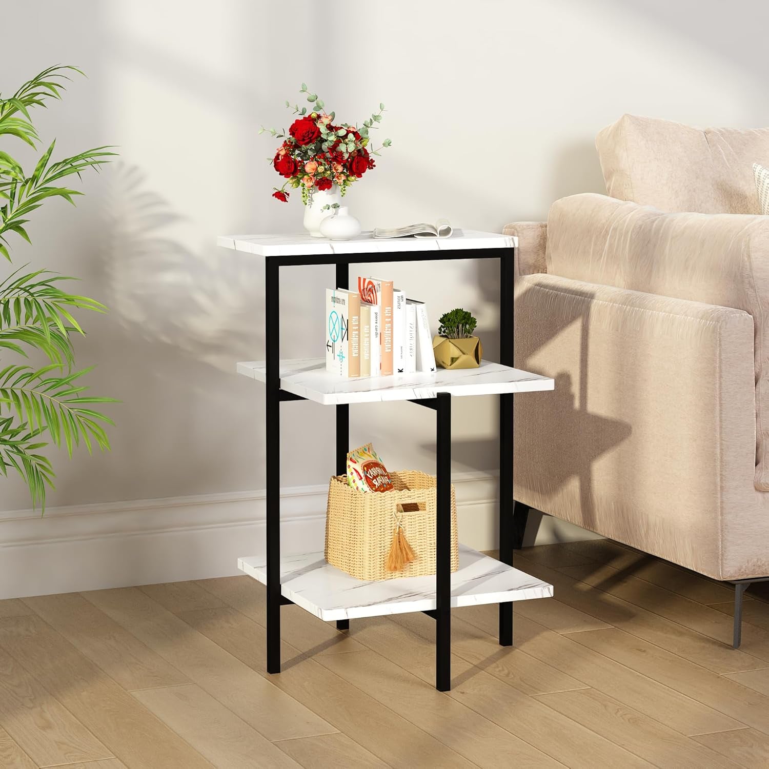 Coffee Table Set of 3 Coffee Table and End Table Sets, Modern Living Room Table Set with Metal Frame for Apartment Home Office White & Black
