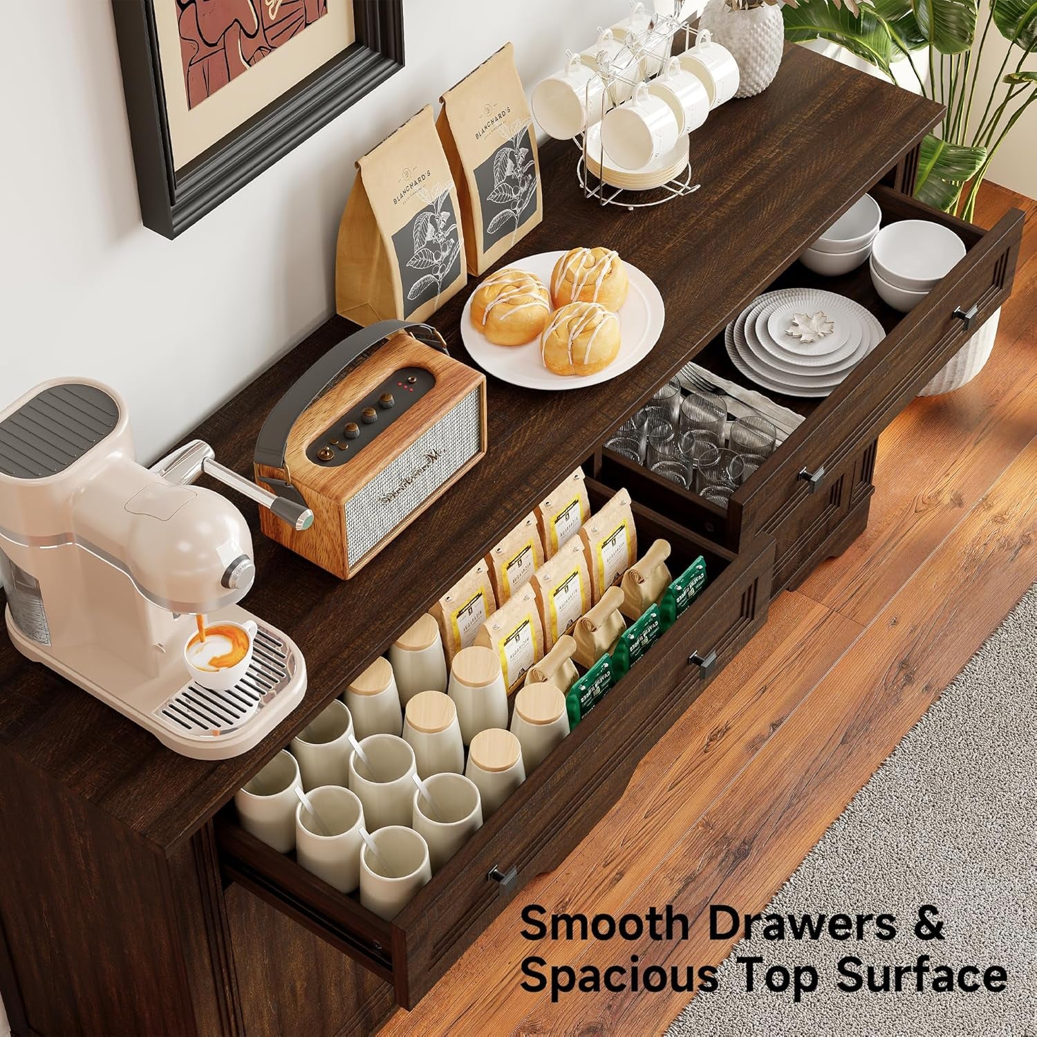 63" Sideboard Buffet Cabinet, Kitchen Buffet Storage Cabinet, Large Credenza with Drawers & Doors, Wood Coffee Bar Console Wine Bar for Living Room Hallway Brown
