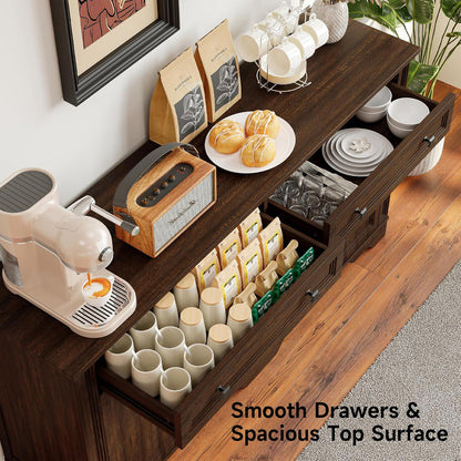 63" Sideboard Buffet Cabinet, Kitchen Buffet Storage Cabinet, Large Credenza with Drawers & Doors, Wood Coffee Bar Console Wine Bar for Living Room Hallway Brown