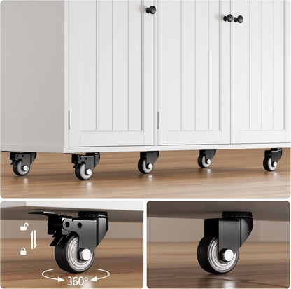 Kitchen Island with Storage, Island Table for Kitchen with Drop Leaf, 5 Wheels, Interal Storage Rack, a Drawer, Spicy Rack and Towel Bar, Sufficient Countertop Space and Storage, White