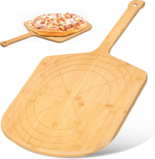 Wooden Pizza Peel 16 Inch Board with Engraved Sizes - Multi-Purpose Bamboo Pizza Cutting Board, Wood Pizza Peel, Pizza Spatula Paddle, and Serving Board with Size and Cutting Guide