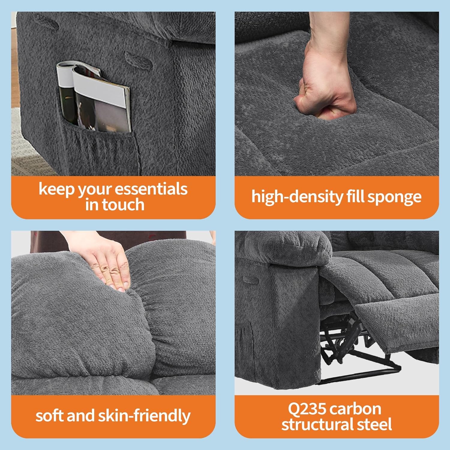 Rocking Recliner Chair,360° Swivel Rocker Chair for Living Room,Upholstered Fabric Glider Nursery Chair with Side Pockets for Small Spaces,Q235 Steel Frame Lazy Boy Recliner Single Sofa