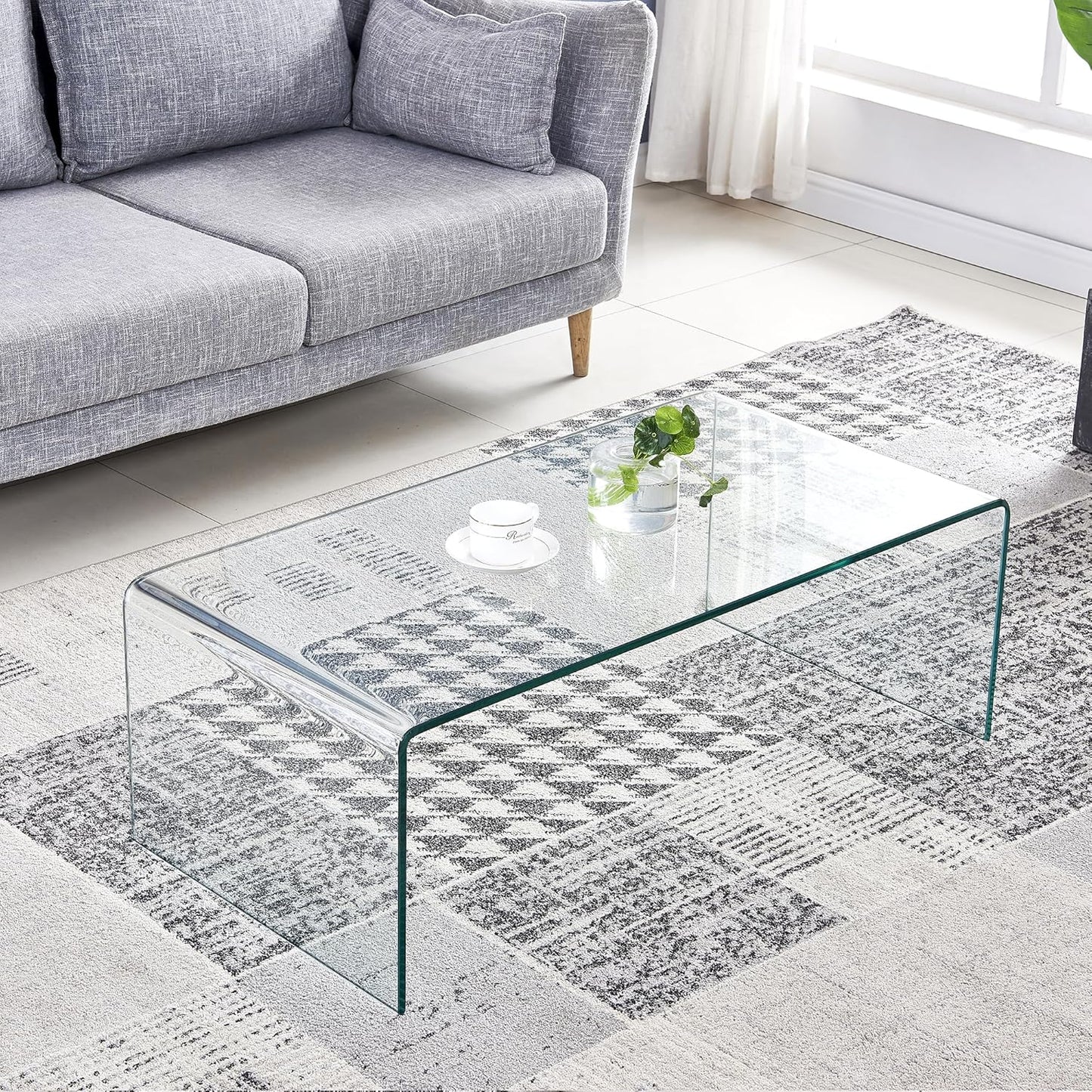 Tempered Glass Coffee Table, Small Clear Modern Coffee Tables with Rounded Edges Bent Home Office Furniture,Glass Sofa End Table 39.4" X 19.7" X 13.8"H