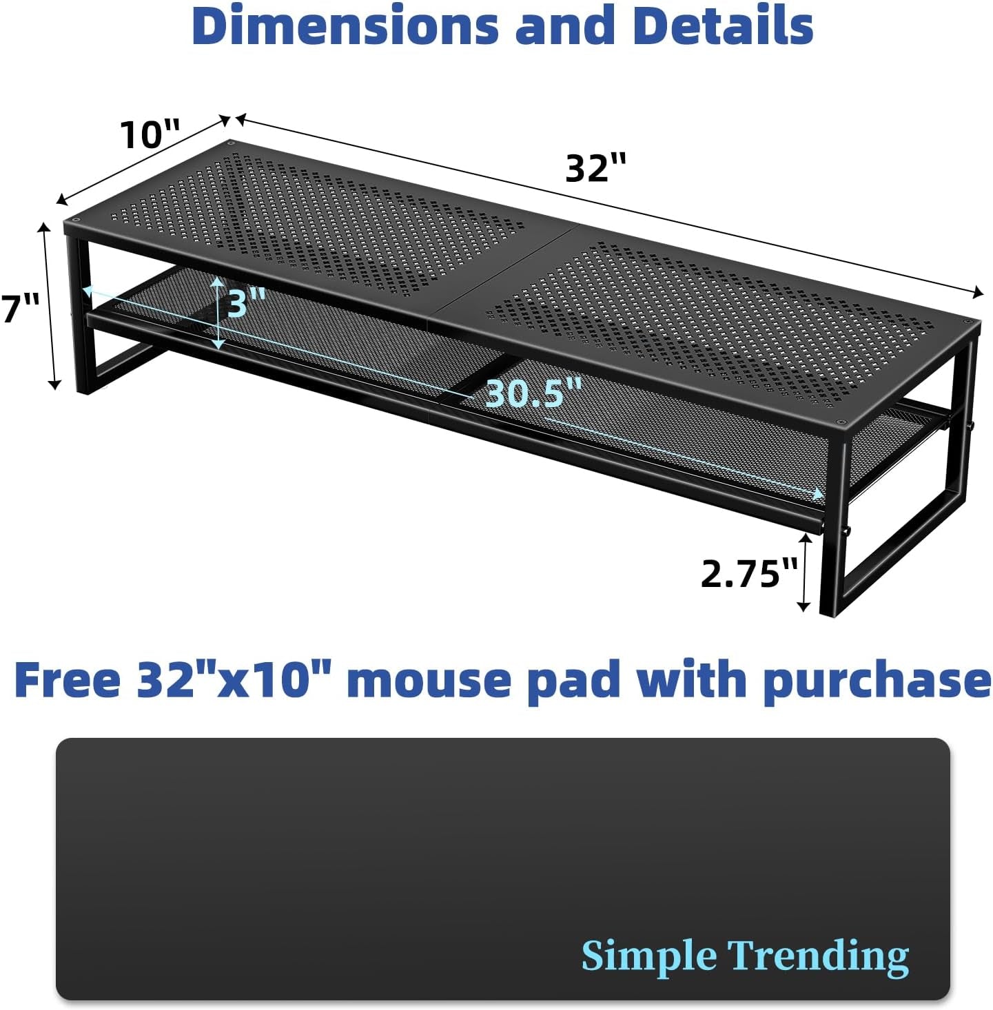 2 Tier Metal Dual Monitor Stand Riser,Computer Office Desktop Organizer for 2 Monitors with 32"X10" Mouse Pad ,For Laptop,Printer,Tv,Black