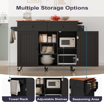 Kitchen Island on Wheels, Rolling Kitchen Island Cart with Drop Leaf and 2 Drawers, Mobile Kitchen Table Storage Cabinet with Tower Rack and Spice Rack for Dining Room, Kitchen, Black