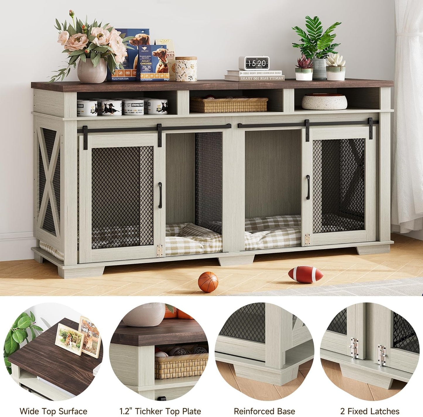 71" Dog Crate Furniture for 2 Dogs, Dog Kennel with 3 Storage Drawers & Removable Divider, Extra Large Double Dog Cage as TV Stand, Furniture Style Dog Crates with Sliding Barn Door