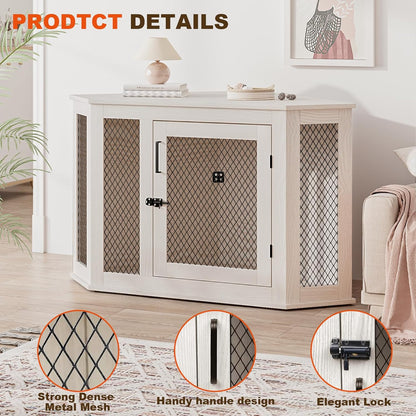 Corner Dog Crate Furniture,52 Inch Decorative Pet Crate with Metal Mesh,Wooden Dog Kennel Indoor Use for Small Medium Dogs,Dog House TV Stand,Perfect for Limited Room,White