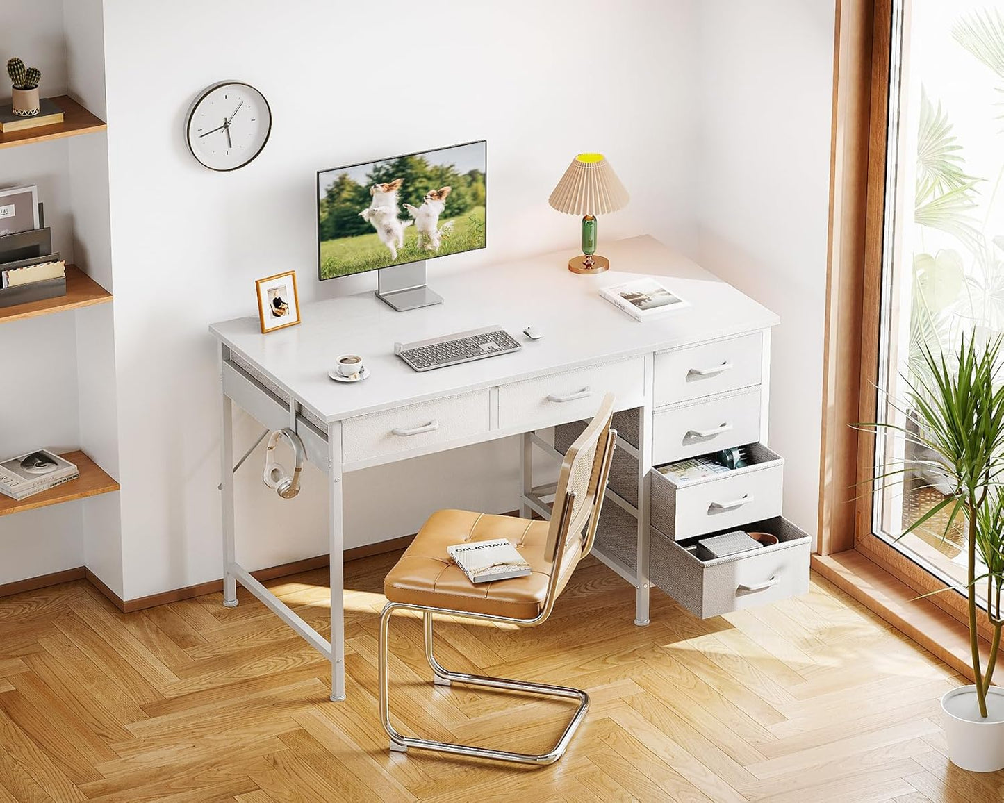 Computer Desk with 6 Drawers, 40 Inch Small Desk with Storage, Reversible Desk with Headphone Hook for Home Office, Work Study Table for Bedroom, White