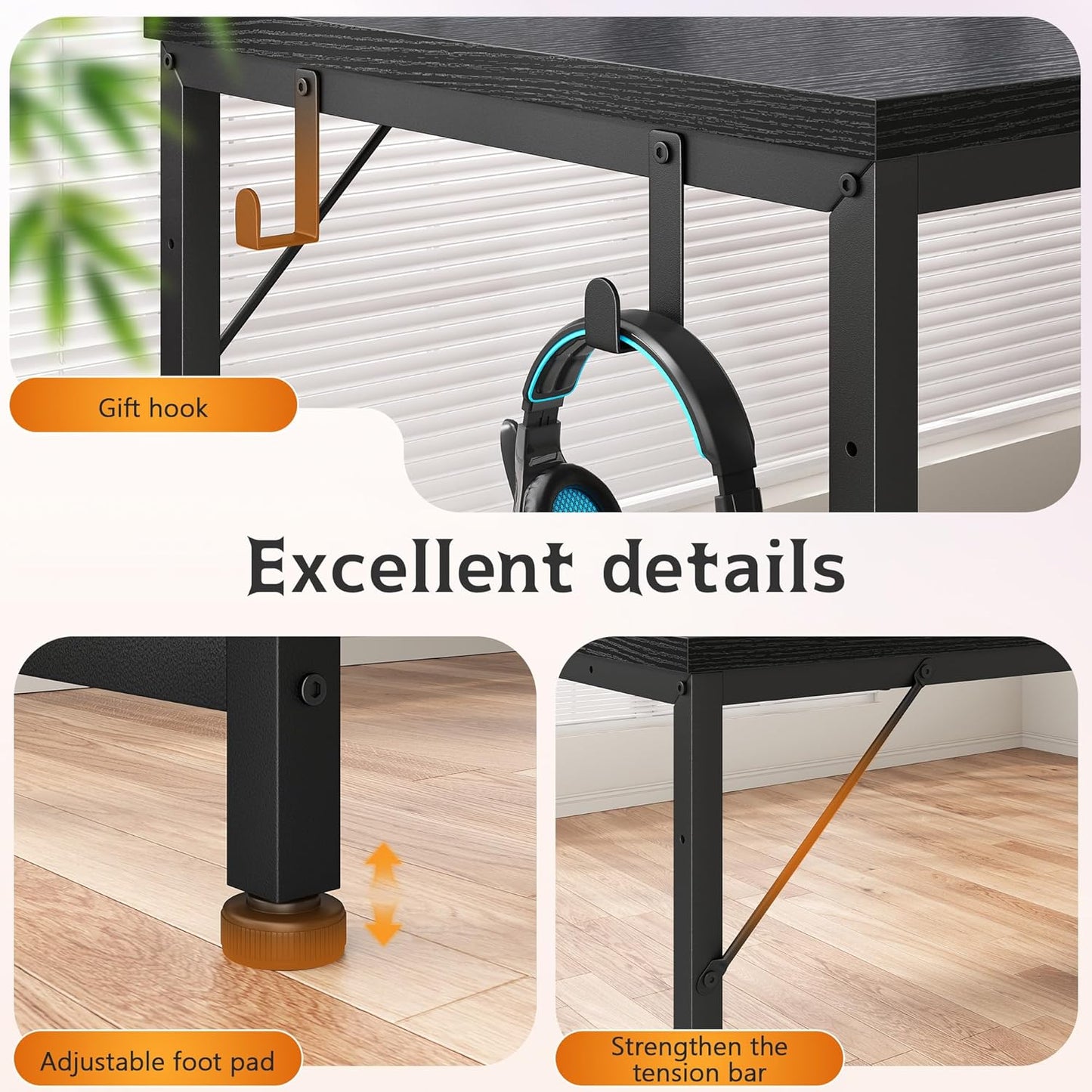 56 Inch Gaming Desk with Drawers and Shelf,Reversible Computer Desk with LED Lights and Power Outlets,Study Table with Hooks for Headphone,Bags,Black Desk Work Desk for Bedroom,Dorm