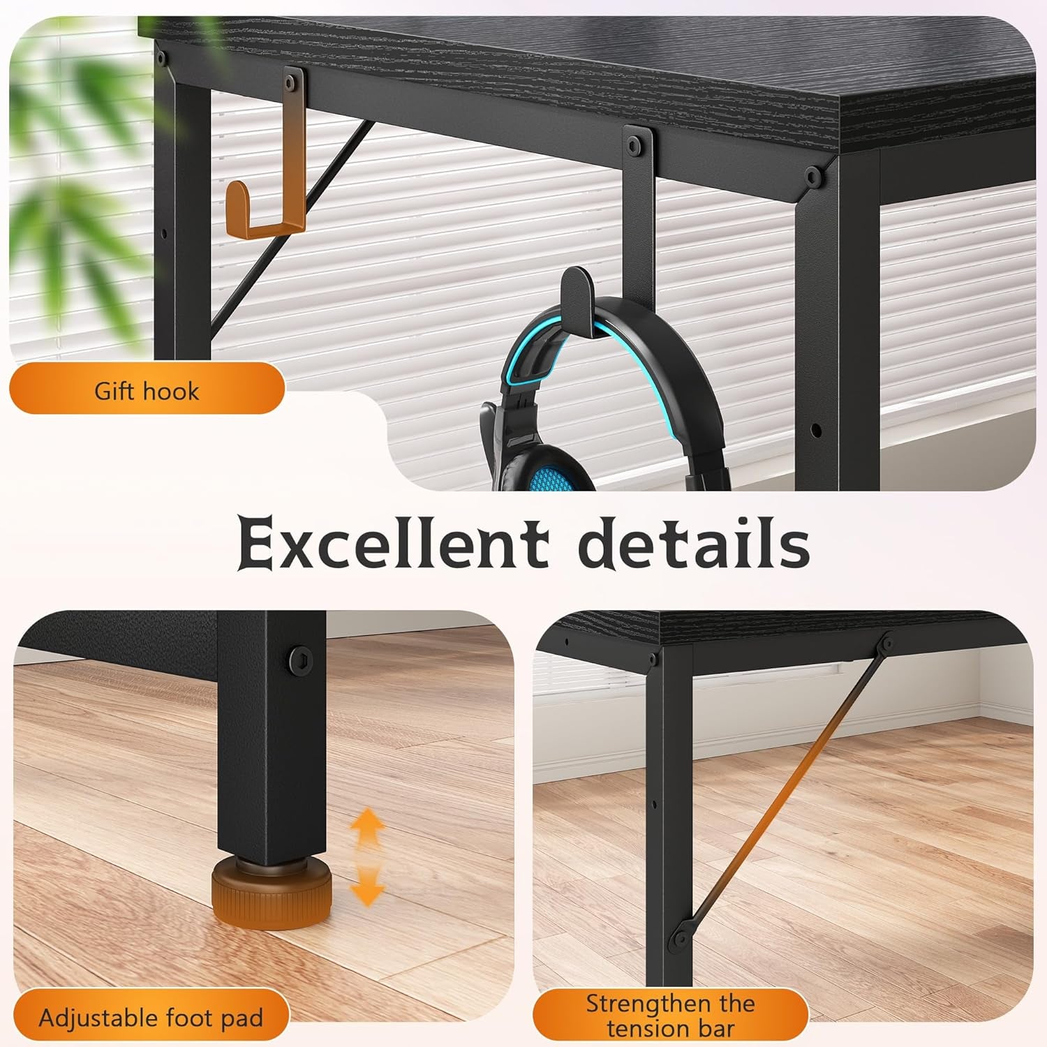 56 Inch Gaming Desk with Drawers and Shelf,Reversible Computer Desk with LED Lights and Power Outlets,Study Table with Hooks for Headphone,Bags,Black Desk Work Desk for Bedroom,Dorm