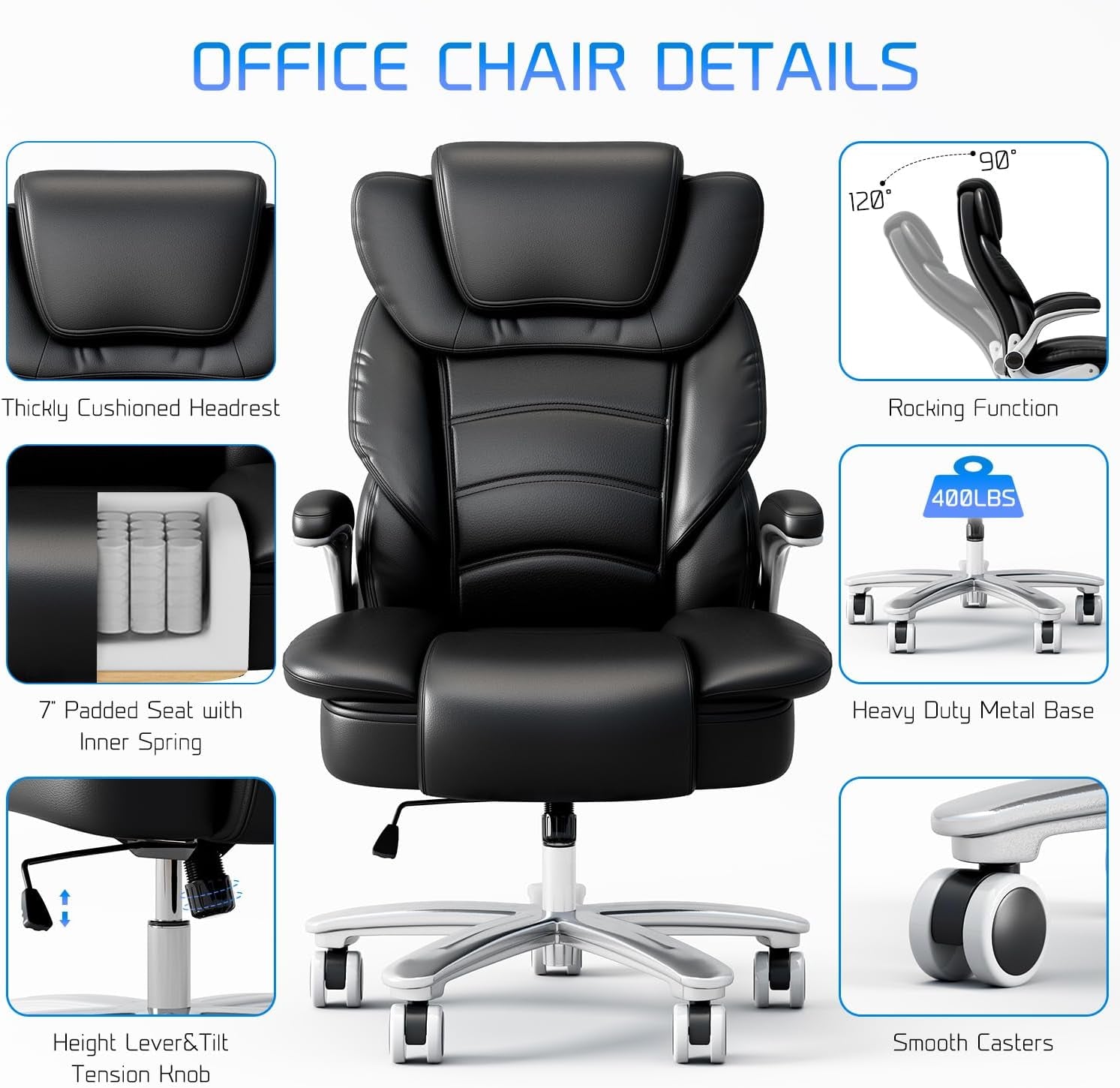 Big and Tall Office Chair 400Lb Wide Seat, Ergonomic High Back Leather Executive Desk Chair with Flip-Up Arms, Black
