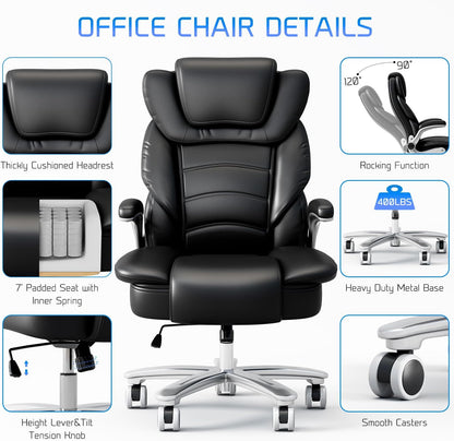 Big and Tall Office Chair 400Lb Wide Seat, Ergonomic High Back Leather Executive Desk Chair with Flip-Up Arms, Black