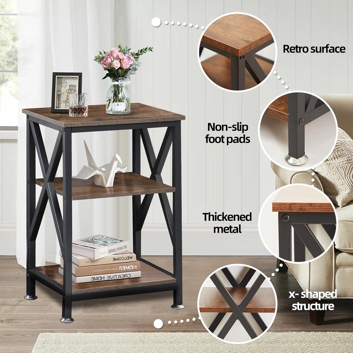 End Tables with Storage Shelf, 12" Deep X 16" Wide X 24" High, Small Side Table 3-Tier, End Tables Living Room Farmhouse, X-Shaped Night Stands for Bedrooms Bedside Tables, End Table Wood and Metal
