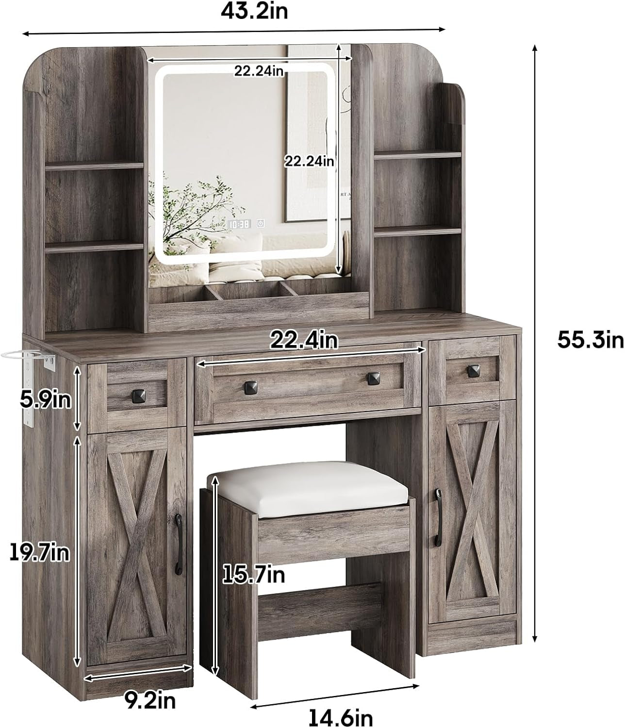 Makeup Vanity Desk, Vanity Mirror with Lights Desk and Chair,Makeup Table with 3 Large Drawers and 2 Cabinets, Time and Temperature Display, 3 LED Lighting Modes Adjustable, Grey
