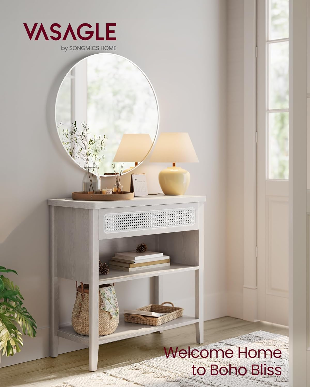 Console Table with Power Outlets, Entryway Table with Storage Shelf, Sofa Table with Drawer, Open Compartment, Rounded Corners, for Living Room, Boho Style, Oatmeal Beige ULNT140K66