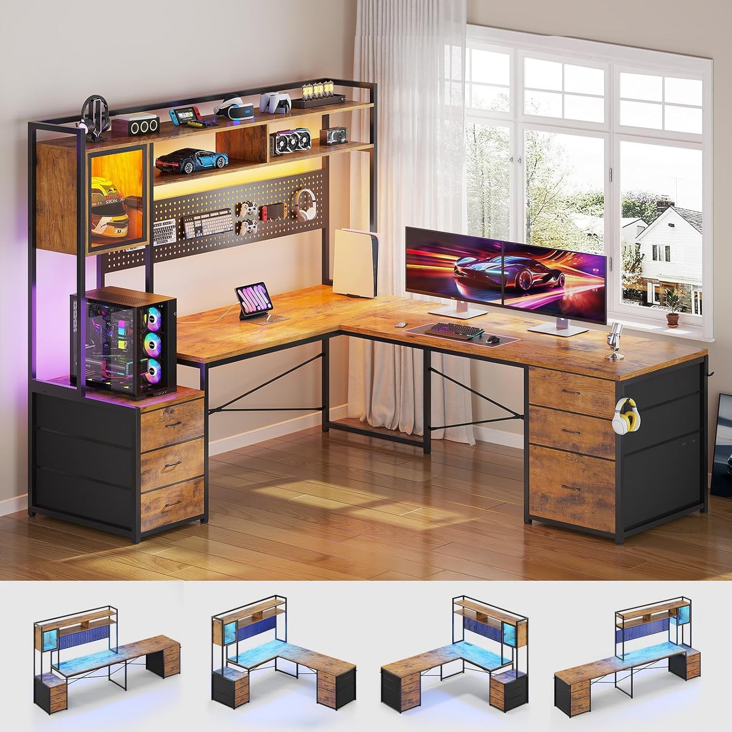 L Shaped Gaming Desk with 6 Drawers, Reversible Computer Office Desk with File Drawer, Hutch, Storage Shelves, Gaming Corner Desk with Led Lights, Power Outlet for Two Person, Rustic Brown