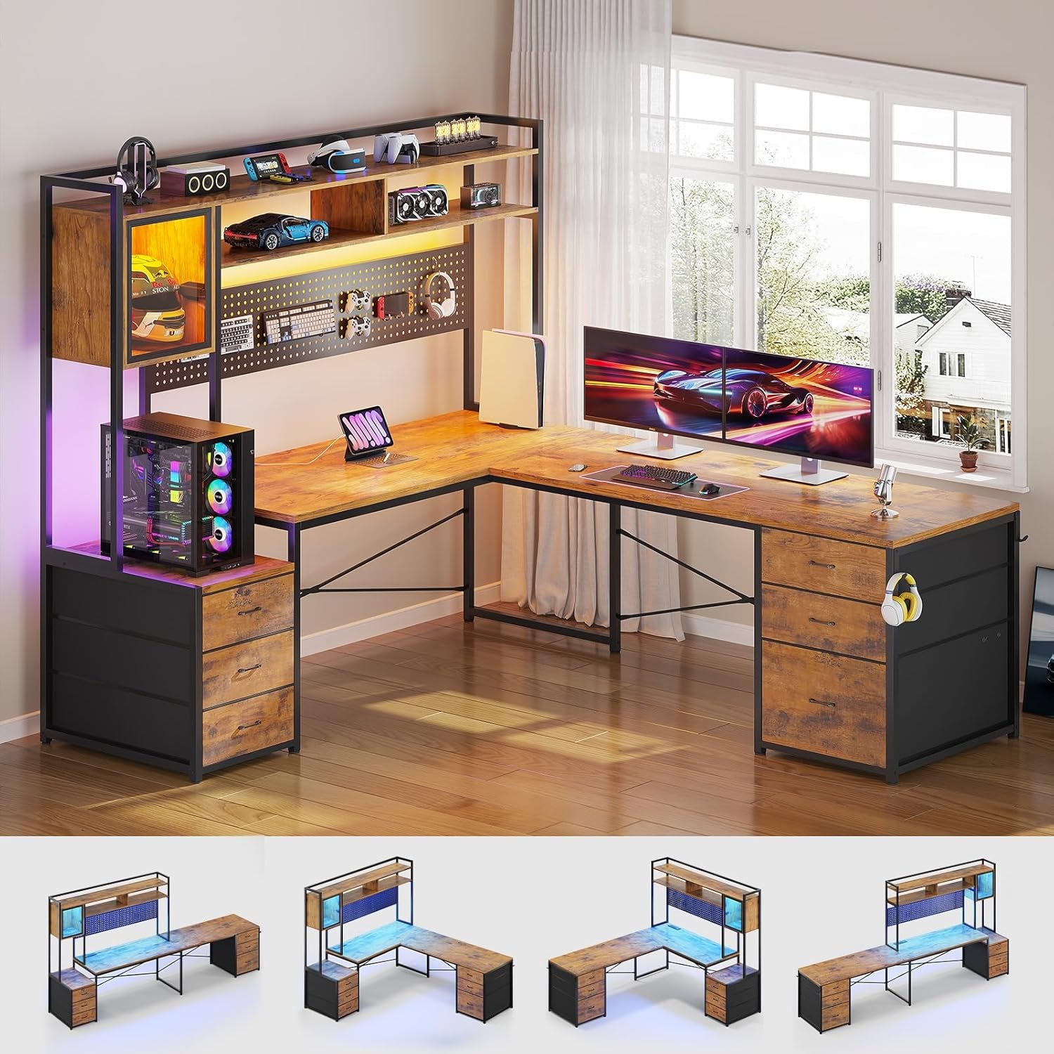 L Shaped Gaming Desk with 6 Drawers, Reversible Computer Office Desk with File Drawer, Hutch, Storage Shelves, Gaming Corner Desk with Led Lights, Power Outlet for Two Person, Rustic Brown