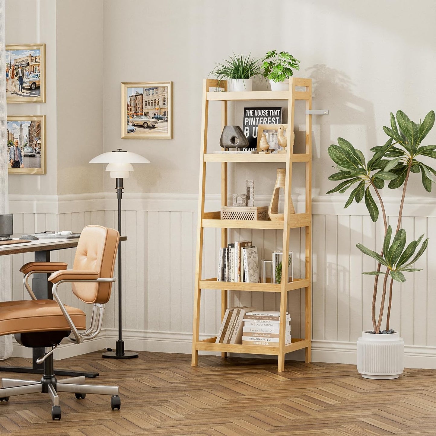 Bookshelf, 5 Tier Ladder Bookcase with Bamboo Frame, Freestanding Tall Narrow Display Plant Shelf for Living Room, Kitchen, Bedroom, Balcony, Natural