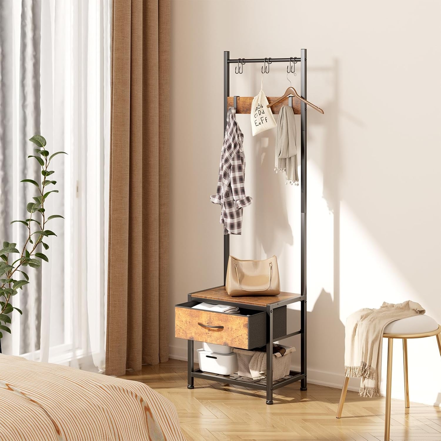 Narrow Coat Rack Shoe Bench, Hall Tree for Small Place with Drawer Storage, Shoe Bench with Cubby Storage, Wood Look Accent Furniture with Metal Frame, 3-In-1 Design (Rustic Brown)