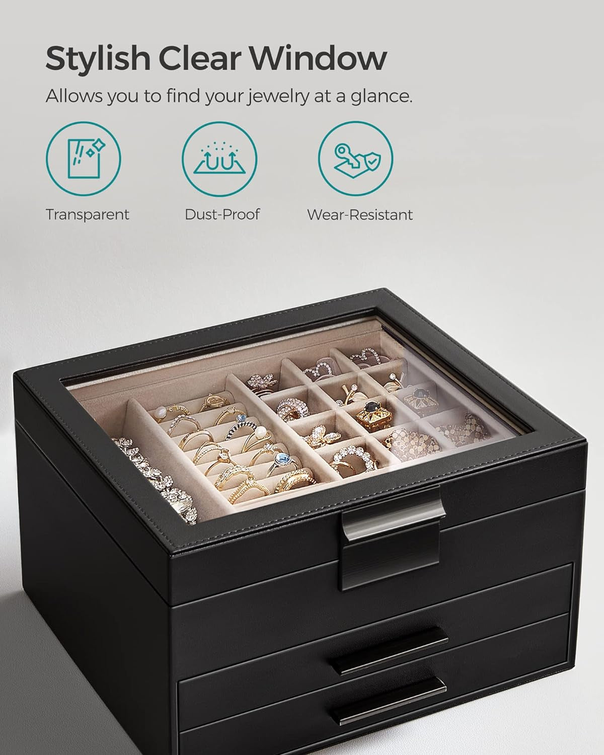 Jewelry Box Bundle, 2 Jewelry Organizers with Glass Lids, 2 Drawers Each, for Loved Ones, Black and White UJBC239BK and UJBC239WT