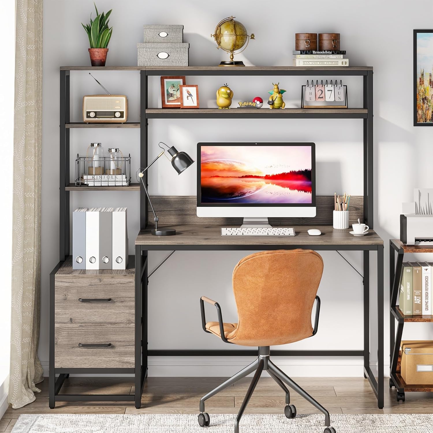 55 Inch Computer Desk with 2 Drawers and Storage Shelves, Rustic Office Desk with Hutch, Study Writing Gaming Table Laptop Workstation for Home Office (Grey)