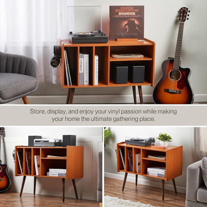 Record Player Stand with Vinyl Storage – Turntable Table with Shelves and Backboard – Walnut Wood Frame Vinyl Record Storage with Headphone Hook – Compact Audio Stand with Stabilizers
