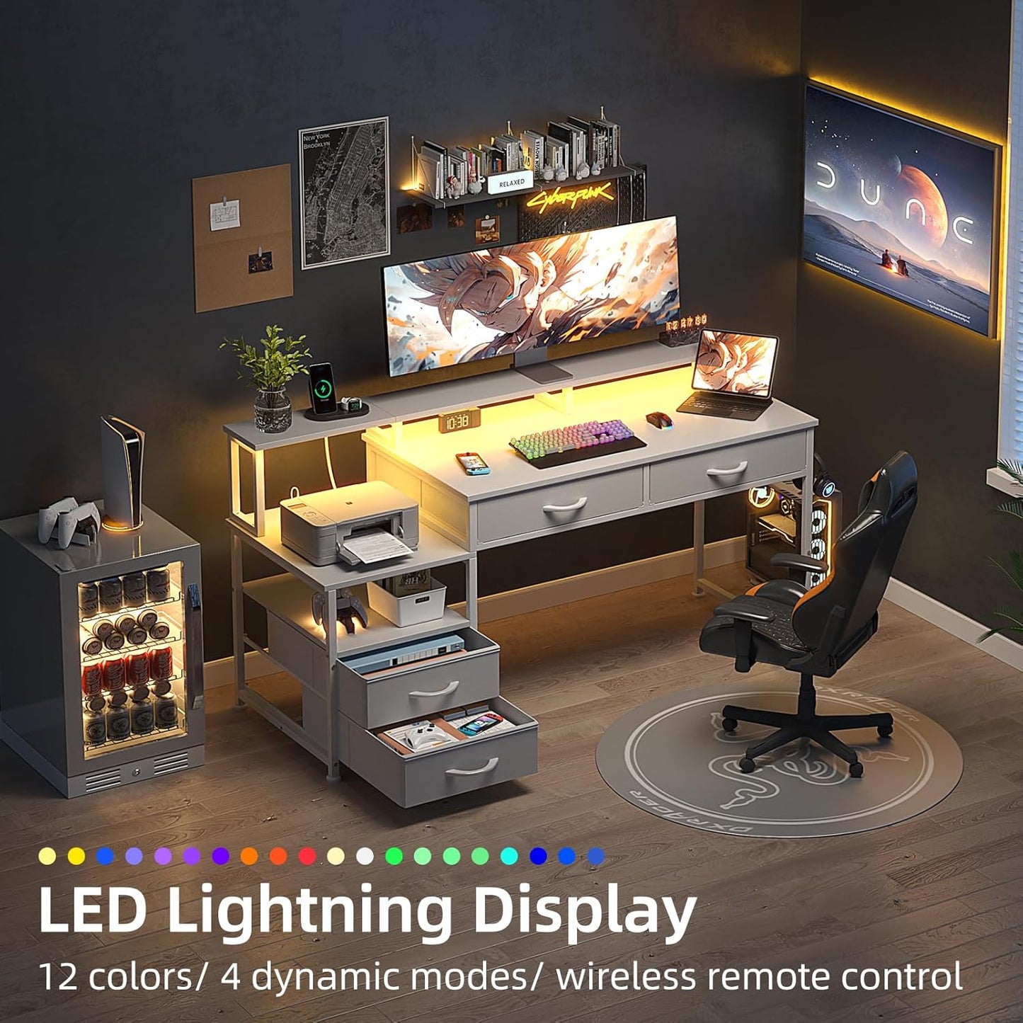 53" Computer Desk with 4 Drawers & Power Outlets, Reversible Home Office Desk with Monitor Stand & Printer Stand, Gaming Desk with Led Lights, Study Writing Work Desk Table for Bedroom (White)