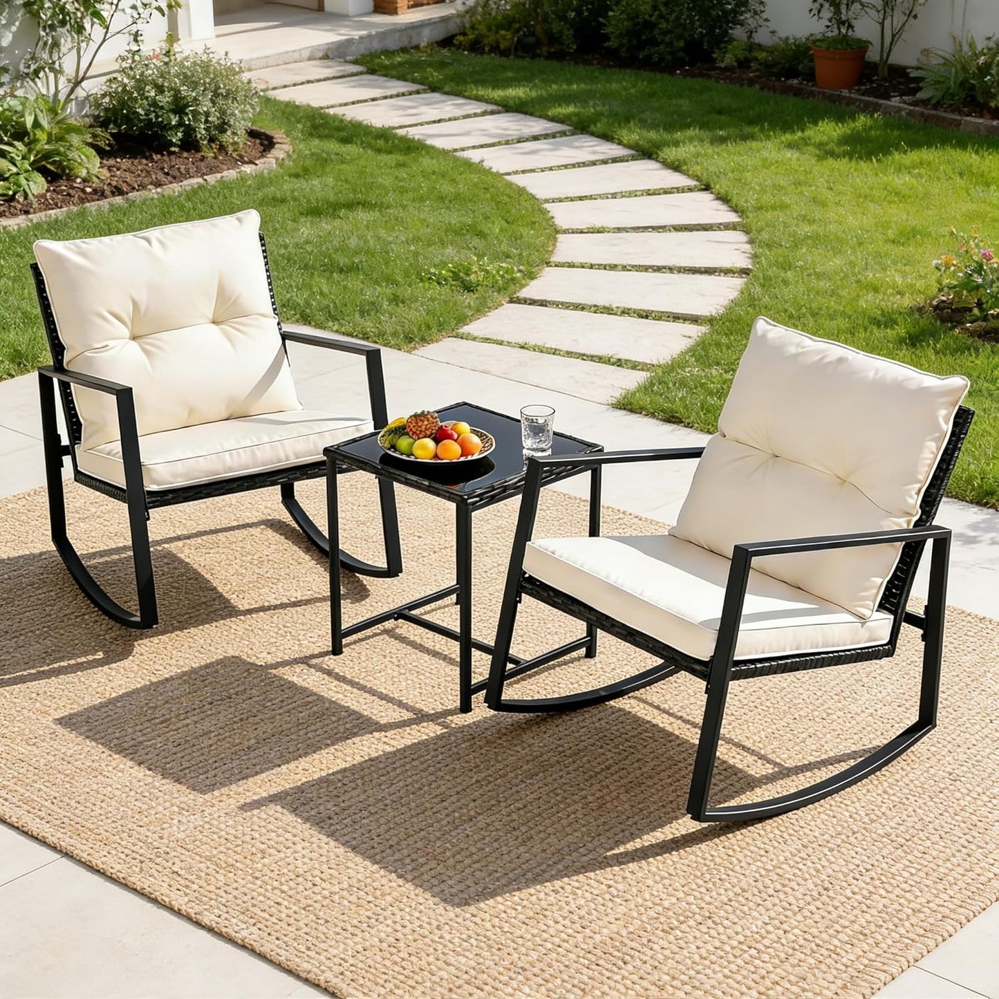 3 Piece Outdoor Rocking Bistro Set Black Wicker Furniture Porch Chairs Conversation Sets with Glass Coffee Table, Beige