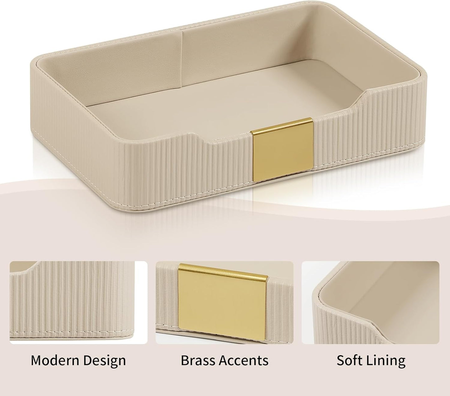 Valet Tray Desktop Storage Organizer, PU Leather Catchall Bedside Vanity Tray with Brass Accents Block Nightstand Organizer for Keys Watch Wallet Phone, Decorative Nightstand Storage (Beige)