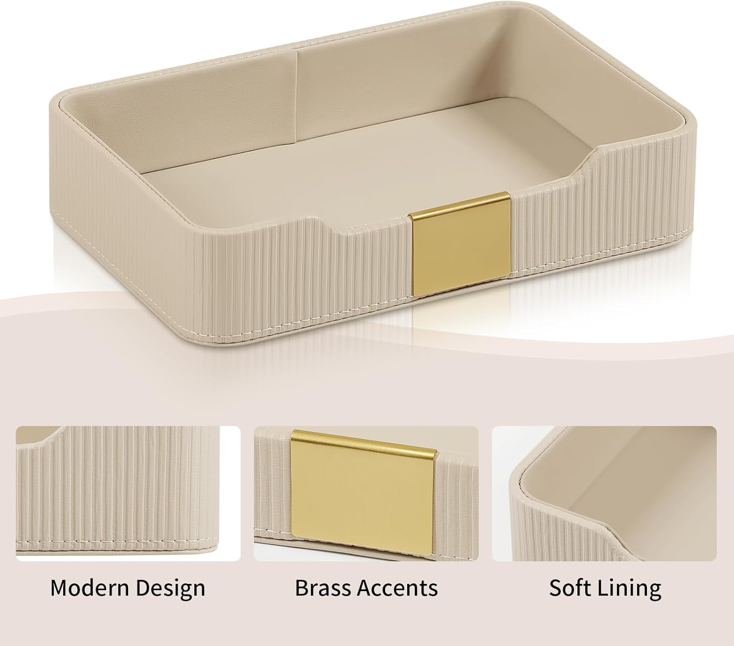 Valet Tray Desktop Storage Organizer, PU Leather Catchall Bedside Vanity Tray with Brass Accents Block Nightstand Organizer for Keys Watch Wallet Phone, Decorative Nightstand Storage (Beige)