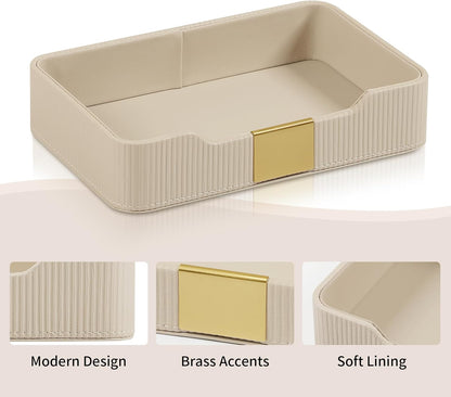 Valet Tray Desktop Storage Organizer, PU Leather Catchall Bedside Vanity Tray with Brass Accents Block Nightstand Organizer for Keys Watch Wallet Phone, Decorative Nightstand Storage (Beige)