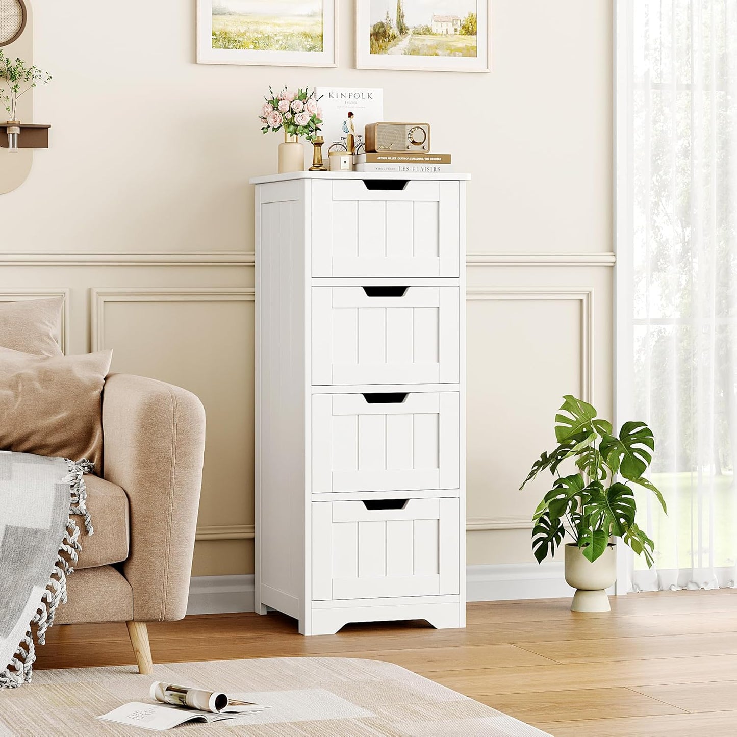 Bathroom Storage Cabinet, Bathroom Cabinet with 4 Drawers, 11.8” X 11.8” X 32.5” Freestanding Entryway Cupboard Storage Organizer Unit Home Furniture Decor, White
