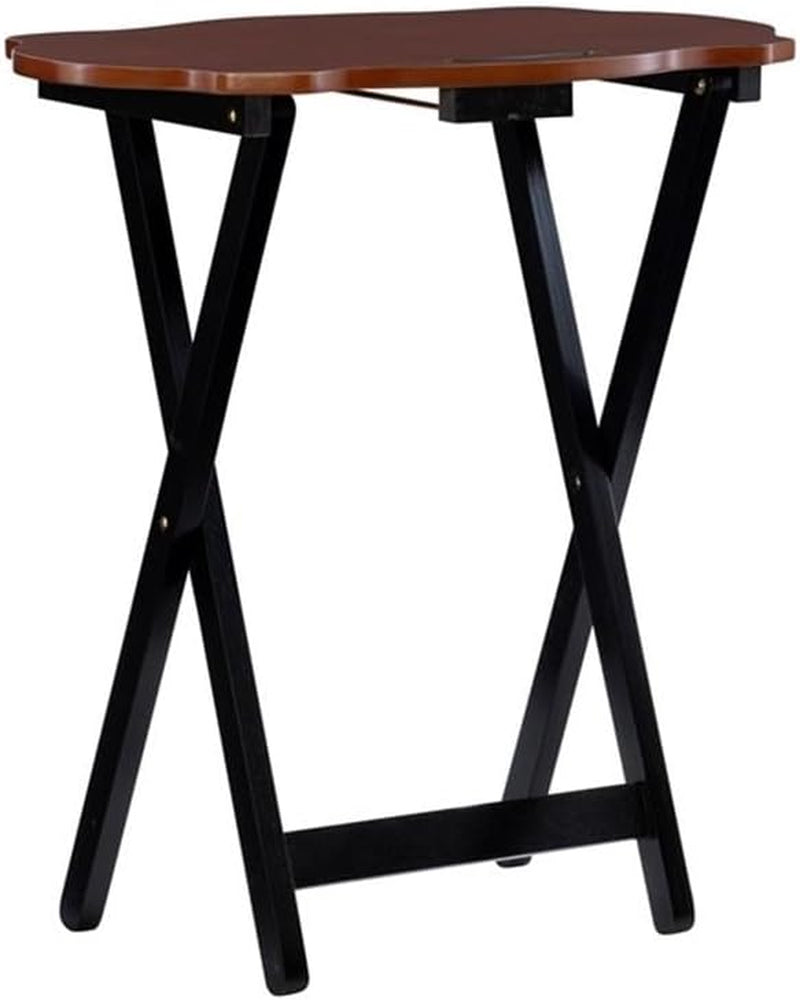 Traditional 5-Piece Okume Veneer and Solid Wood Tray Table Set with Base and Curvy Shaped Trays in Hazelnut and Black