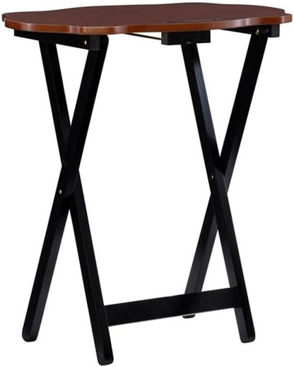 Traditional 5-Piece Okume Veneer and Solid Wood Tray Table Set with Base and Curvy Shaped Trays in Hazelnut and Black