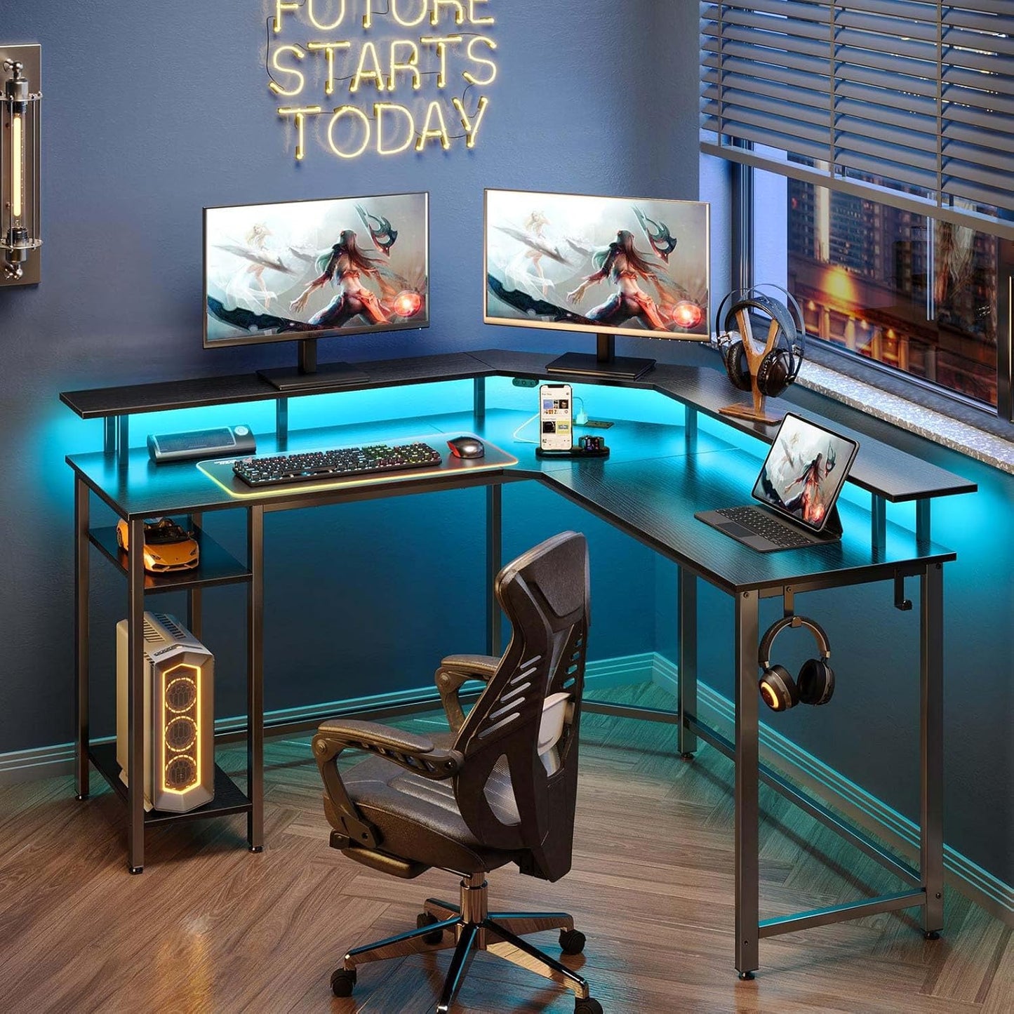 L Shaped Gaming Desk with LED Lights & Power Outlets, 53" Computer Desk with Full Monitor Stand & Storage Shelf, Corner Desk with Hooks, Black Desk Reversible